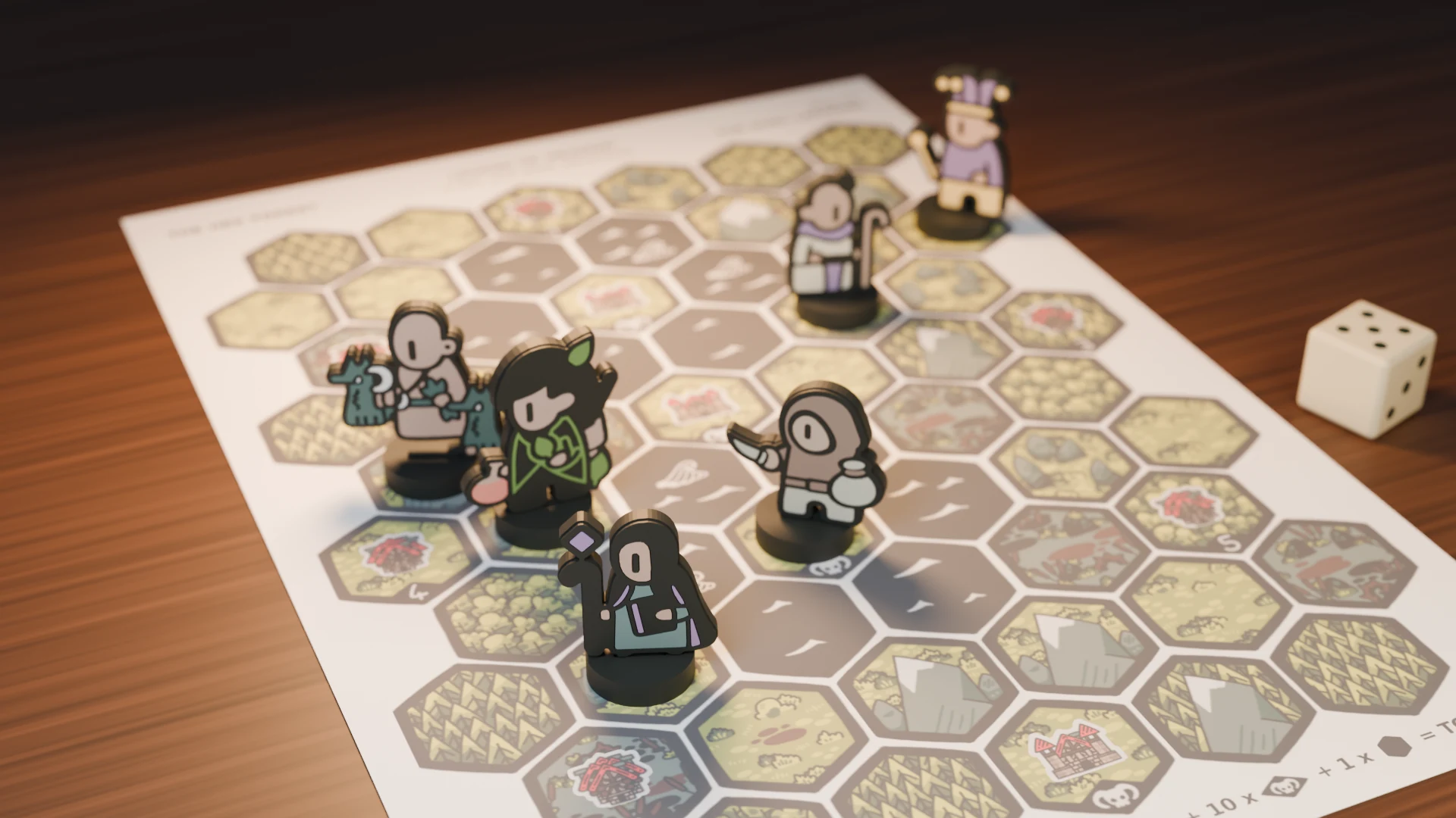 Mage, Smuggler, Herbalist, Druid, Sage, and Jester standees on an illustrated adventure map.