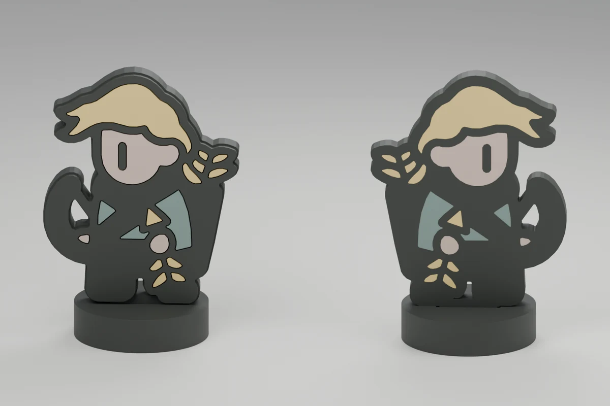 Front and reverse views of the same Archer standee, showing its raised front and mirrored color design on the back.