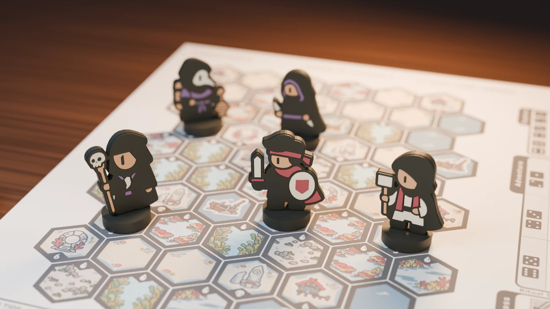 Vanguard, War Cleric, Necromancer, Hex Blade, and Plague Spreader standees on a Sunken Realm map.